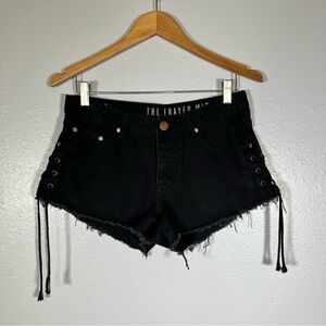 Black Lace-Up Side Frayed distressed Hem Denim Shorts 4 Festival Y2K Grunge edgy